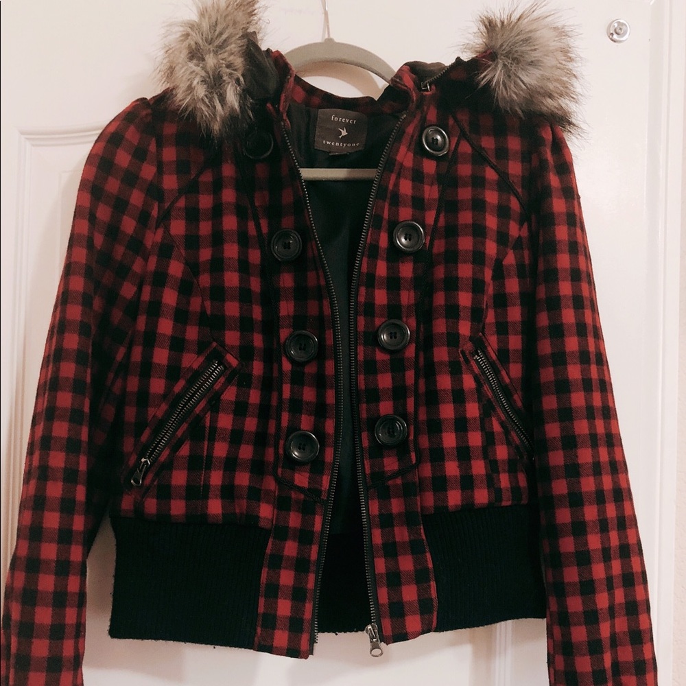 Plaid Jacket with Fur Hood